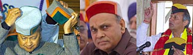 Virbhadra Singh in green cap, P.K. Dhumal in maroon cap and Vijay Mankotia in new "Trigarth cap''.