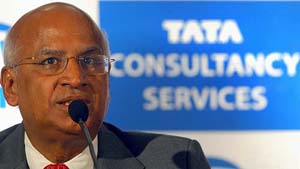 Managing Director and Chief Executive Officer of Tata Consultancy Services S. Ramadorai announces the companys annual results at a press conference in Mumbai on Monday