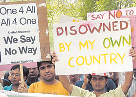 Students of Netaji Subhash Institute of Technology demonstrate against the recently-announced reservations in educational institutions, at Jantar Mantar in the Capital on Monday. 
