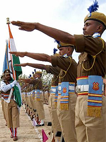 Recently recruited CRPF jawans take oath after completing training at the CRPF Headquarters at Humhamma in Srinagar on Monday