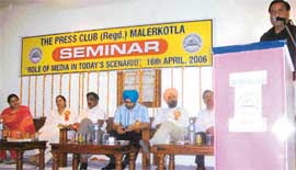 Mr Ravinder Puri, president, Journalist Association, Ahmedgarh, addresses the gathering at a seminar in Malerkotla on Sunday.