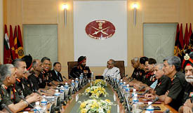 Defence Minister Pranab Mukerjee the Chief of Army Staff, Gen JJ Singh, at the Army commanders conference in New Delhi on Monday