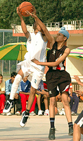 A basketball tie between the teams of Moti Ram School and St Stephens School in progress during the First GNPS Inter-School Invitational Basketball Tournament played at Guru Nanak Public School, Sector 36, Chandigarh, on Tuesday. 