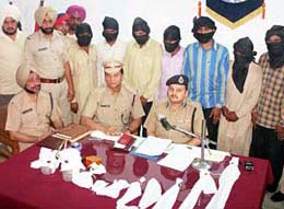 Seven members of a gang of robbers in police custody at Jagraon on Tuesday.