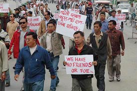 Journalists in Manipur stage a rally condemning the underground faction of the KCP for the detention of six editors on Sunday night