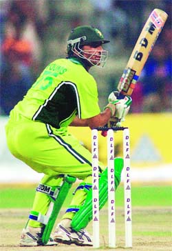 Pakistans Younis Khan in action during the first one-day between India and Pakistan at the Zayad Cricket Stadium in Abu Dhabi on Tuesday
