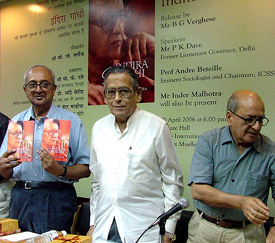Mr B.G. Verghese, along with Mr P.K. Dave, a former Lt-Governor of Delhi, releases a book, Indira Gandhi, written by Inder Malhotra (right), at a function at India International Centre Annexe, New Delhi, on Thursday