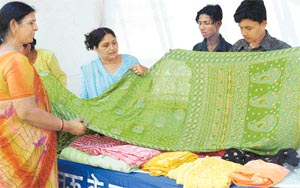 A Lucknow craftswoman shows a chikan-work sari at the Gandhi Shilp show at Nehru Park