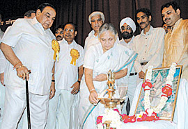 Delhi Chief Minister Sheila Dikshit lighting the lamp during the inauguration of Dr Girdhari Lal Shastri Oriental Education Foundation in the Capital. Also seen in the picture are Delhi Assembly Speaker Ch Prem Singh and Leader of the Opposition Jagdish Mukhi. 