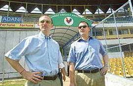 International Cricket Council officials Brian Murgatroyd and Warren Datrom at the Sardar Patel cricket ground
