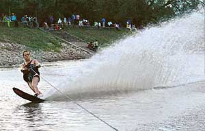 Ashwani Dhir of Chandigarh, a veteran in water skiing sport, showing his skill at the Sukhna Lake in Chandigarh on Sunday.