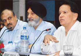 Mr Sridar Iyengar, TiE global president (extreme right), makes a point at an interactive session in Chandigarh on Sunday. 