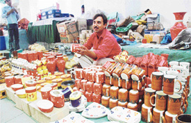 The colourful pottery from Khurja displayed at the Karigiri Craft Bazar being held in Nehru Sidhant Kendar, Ludhiana, attracts many a visitor