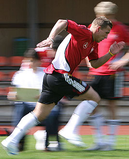 German national team player Lukas Podolski takes part in medical and performance tests in Duesseldorf on Monday, ahead of the 2006 FIFA Football World Cup