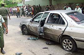 The official limousine of Sri Lankas army chief, Lt-Gen Sarath Fonseka, moments after a suicide bomb explosion killed 10 of Fonsekas bodyguards and critically wounded him, in Colombo on Tuesday. 