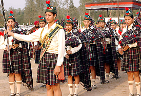 The all girls band of Kirpal Sagar Academy performs at the Chandigarh Horse Show in Chandigarh on Tuesday