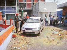The damaged car of a manager of Gobind Rubbers, Kanganwal, where a clash took place between labourers and the management