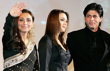 Bollywood stars Rani Mukherjee, Priety Zinta and Shah Rukh Khan arrive for the screening of their film Veer Zara in Paris on Wednesday