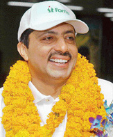 A beaming Ajit Bajaj at the Indira Gandhi Airport in Delhi on Friday night after a successful trip to the North Pole.