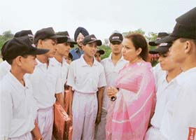 The president of the Army Wives Welfare Association (Western Command), Mrs Mohini Daljeet Singh, interacts with students of Siksha Sahyog Boys Hostel, Satwari, Jammu and Kashmir, during their visit to Chandimandir