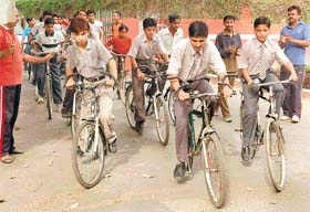 Students of DAV Senior Secondary School take part in a cycle rally in Chandigarh
