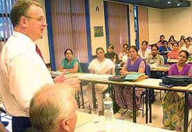 Mr Trevor Mallard, Economic Development Minister of New Zealand, interacts with students during his visit to the Canadian Institute of International Studies in Mohali on Monday.