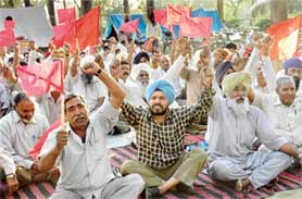 Members of the Coordination Committee of Government and MC Employees and Workers, UT, Chandigarh, hold a May Day Rally at Matka Chowk on Monday.