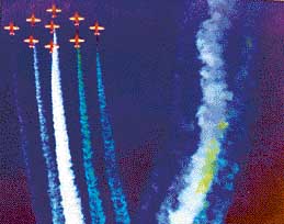 Aerobatics by a Suryakiran team during an awareness campaign at Aizawl in Mizoram.