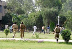 Policemen chase agitating students on the HAU campus in Hisar on Monday.