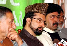 Hurriyat leaders Prof Abdul Gani Bhat, Mirwaiz Umer Farooq, Bilal Gani Lone and Aga Syed Hassan during a meeting at party headquarters at Rajbagh in Srinagar on Monday