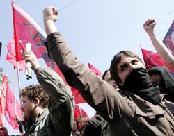 Russian nationalists raise slogans at a May Day demonstration in central Moscow 