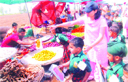 Students of Delhi Public School on an environment awareness mission as they distribute paper bags among vendors of Sabzi Mandi in Urban Estate, Jalandhar
