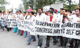 Students of medical and dental colleges hold a protest march against the reservation policy in Ludhiana