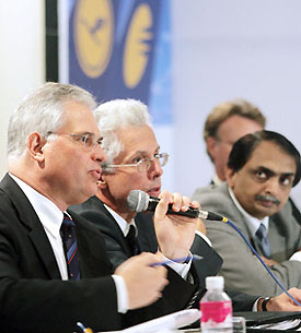 German Airlines Lufthansas General Manager Werner Heesen, CEO of Jet Airways, Indias largest private airline, Wolfgang Prock-Schauer and Vice-President, Marketing, Jet Airways, Gaurang Shetty, address a press conference in Mumbai on Wednesday