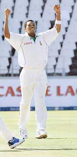 South Africas Makhaya Ntini celebrates on dismissing New Zealands Chris Martin on the first day of the third and final Test at the Wanderers Stadium