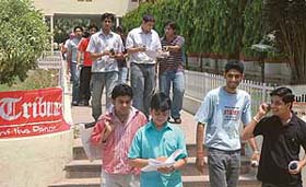 Aspirants come out after a mock CAT organised by Bulls Eye and The Tribune at DAV College, Chandigarh