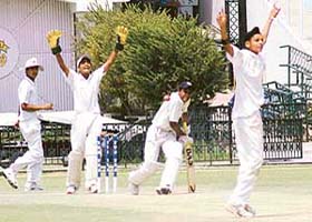 Mohali lads appeal for an LBW decision against a Kapurthala batsman during an ML Markan Trophy match at the PCA stadium in Mohali