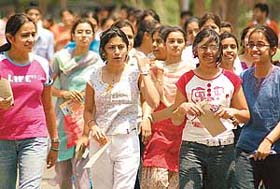 Students come out from a centre at the Government College for Girls, Sector 11, Chandigarh, after appearing in the AFMC MBBS entrance test
