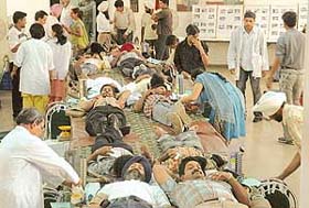 Volunteers donate blood at a camp organised by the Thalassaemic Children Welfare Association at the PGI, Chandigarh