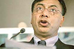 Chairman and Chief Executive of Mittal Steel Lakshmi Mittal addresses a press conference at Lanesborough Hotel in London on Tuesday.