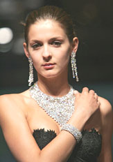 A model displays jewellery by British designer Graff, the world renowned diamond jewellery house, at the third day of a luxury goods fair known as Masters of Excellence in Abu Dhabi on Thursday.