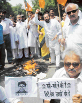 BJP workers burn an effigy of Deputy Mayor H.S. Lucky in Chandigarh on Thursday.