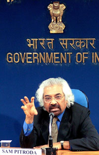 Sam Pitroda, Chairman of the National Knowledge Commission, addresses a press conference in New Delhi on Thursday 