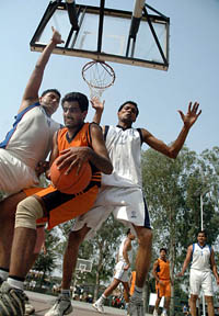 The final match of the CRPF Basketball Cluster in progress at the Sector 7 sports complex in Chandigarh on Friday.