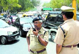 A view of traffic jam during the demonstration of medical students at Connaught Place in the Capital on Friday