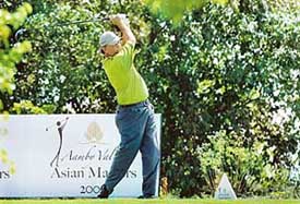 Henrik Buhrmann of South Africa tees off on the third day of the Aamby Valley Asian Masters golf tournament at Aamby Valley, near Mumbai, on Saturday