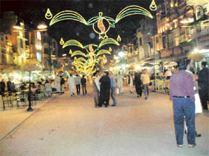A view of the Food Street in Lahore by night.