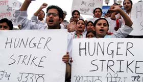 Students of Government Medical College on fast in front of Guru Nanak Dev Hospital in Amritsar