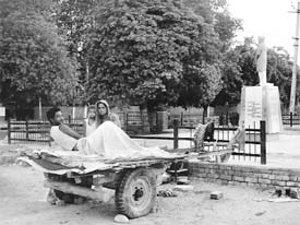 The site of Dr Gopi Chand Bhargavas statue in Hisar has become a dwelling place for the slum people