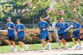 Indian cricket players jog at Emancipation Park in Kingston on Saturday